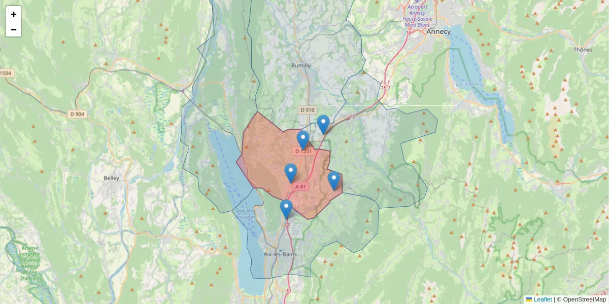 Carte de la zone du code postal  et des codes postaux voisins en France