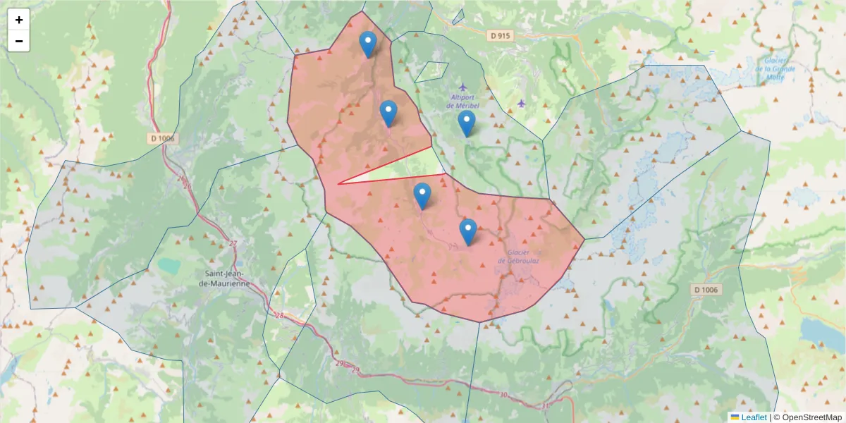 Carte de la zone du code postal  et des codes postaux voisins en France