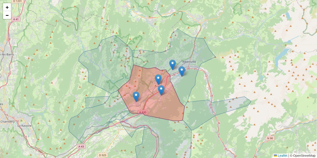 Carte de la zone du code postal  et des codes postaux voisins en France