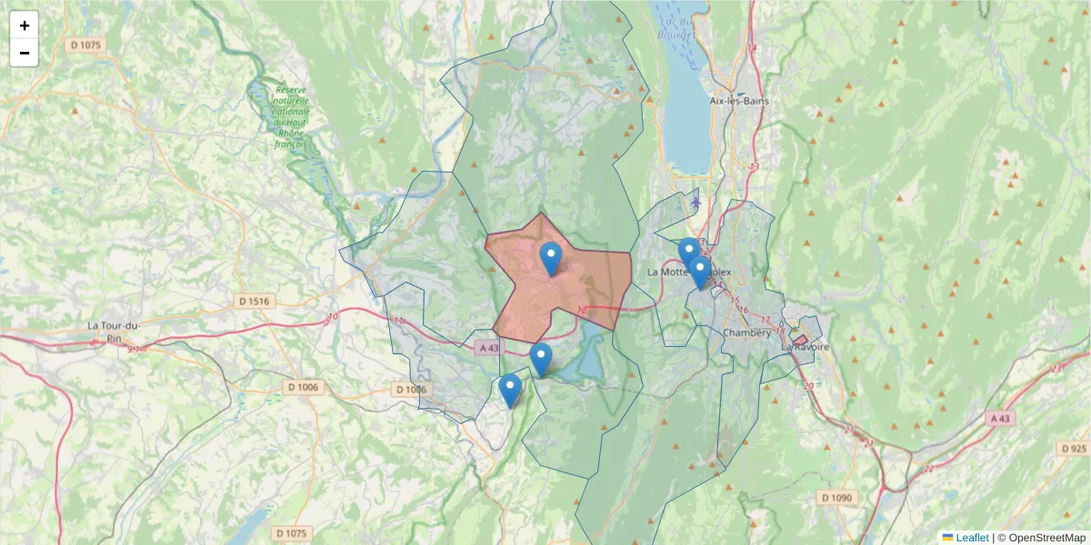 Carte de la zone du code postal  et des codes postaux voisins en France