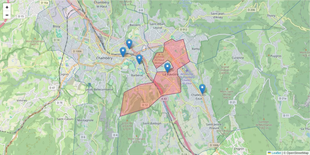 Carte de la zone du code postal  et des codes postaux voisins en France
