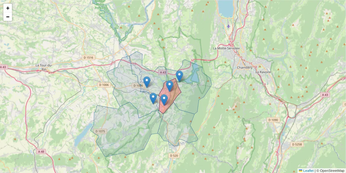 Carte de la zone du code postal  et des codes postaux voisins en France