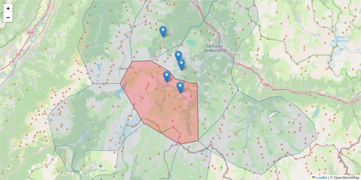 Carte de la zone du code postal  et des codes postaux voisins en France