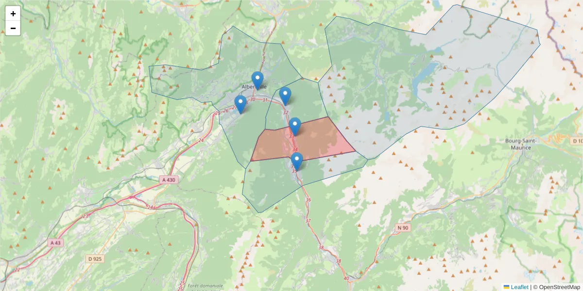 Carte de la zone du code postal  et des codes postaux voisins en France