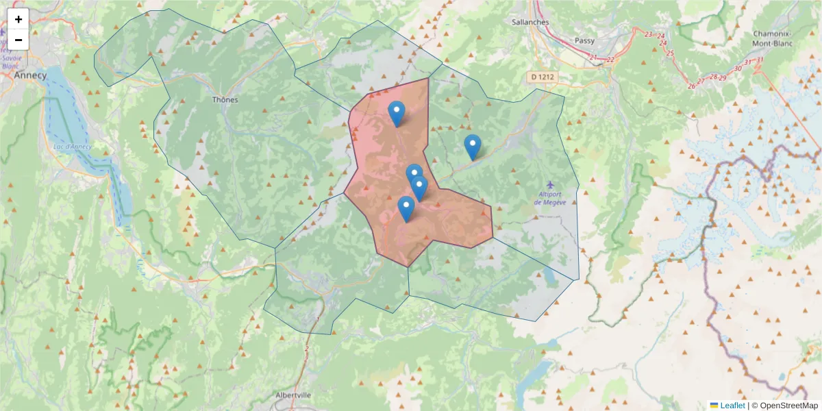 Carte de la zone du code postal  et des codes postaux voisins en France