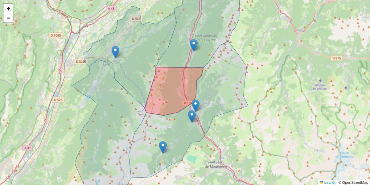 Carte de la zone du code postal  et des codes postaux voisins en France