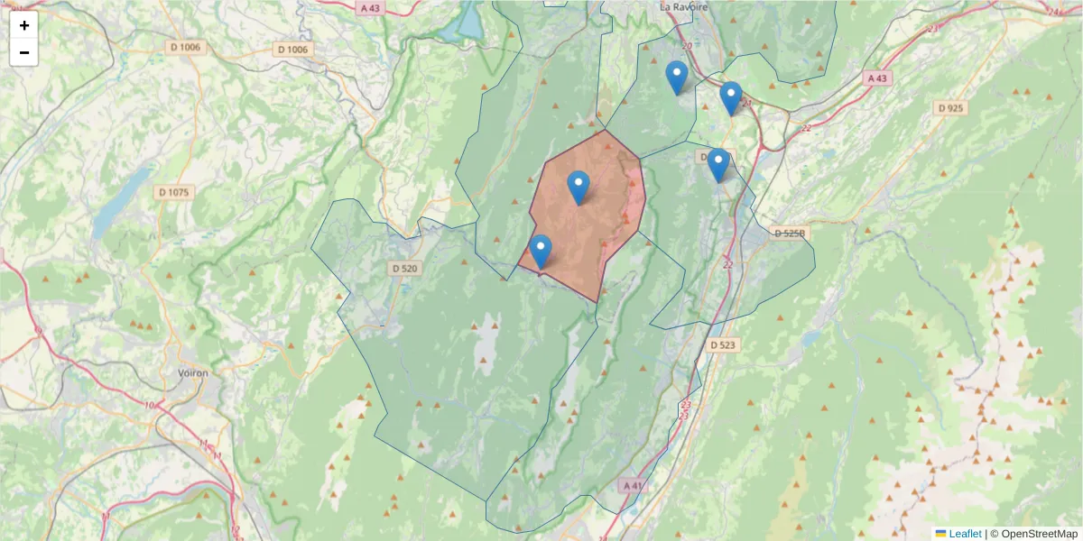 Carte de la zone du code postal  et des codes postaux voisins en France