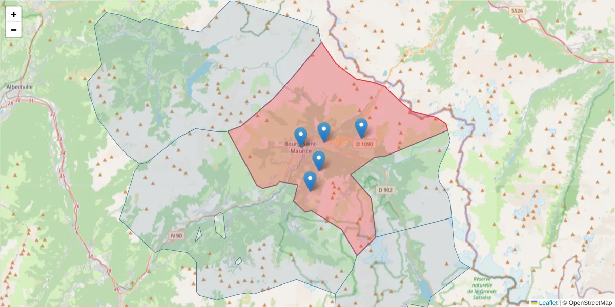 Carte de la zone du code postal  et des codes postaux voisins en France