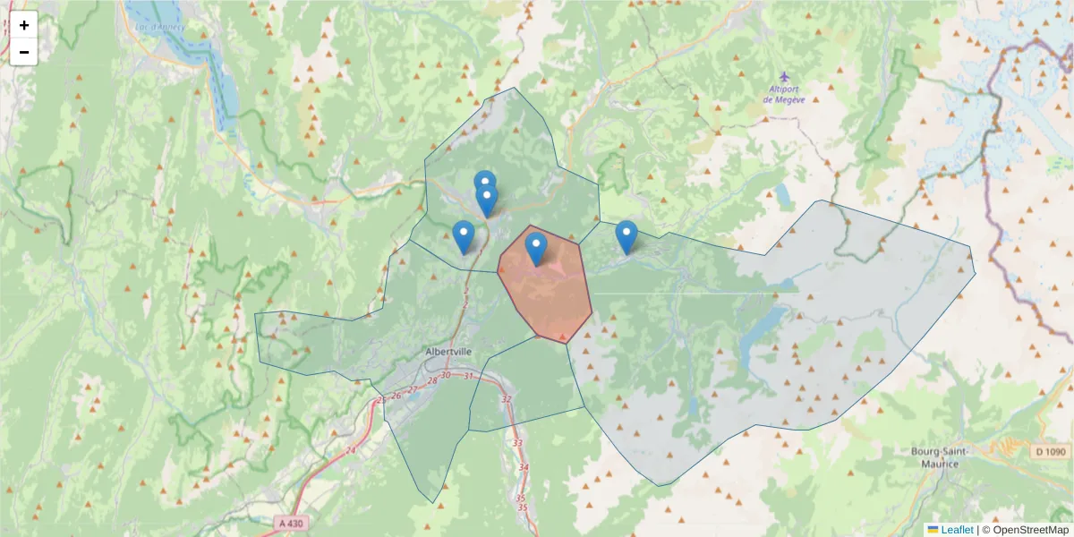 Carte de la zone du code postal  et des codes postaux voisins en France