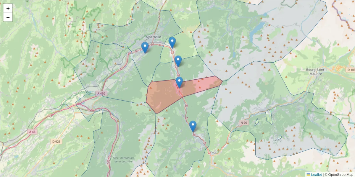 Carte de la zone du code postal  et des codes postaux voisins en France