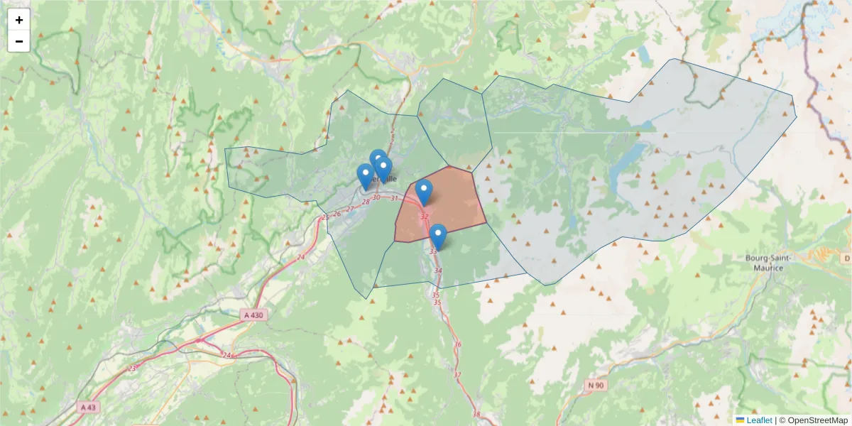 Carte de la zone du code postal  et des codes postaux voisins en France