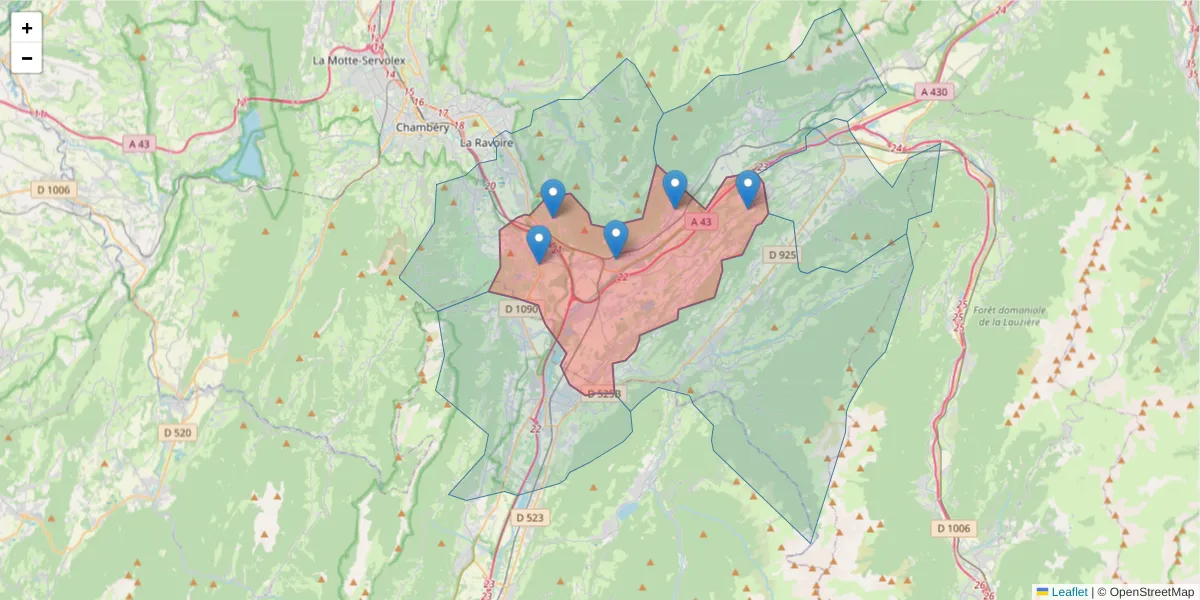 Carte de la zone du code postal  et des codes postaux voisins en France