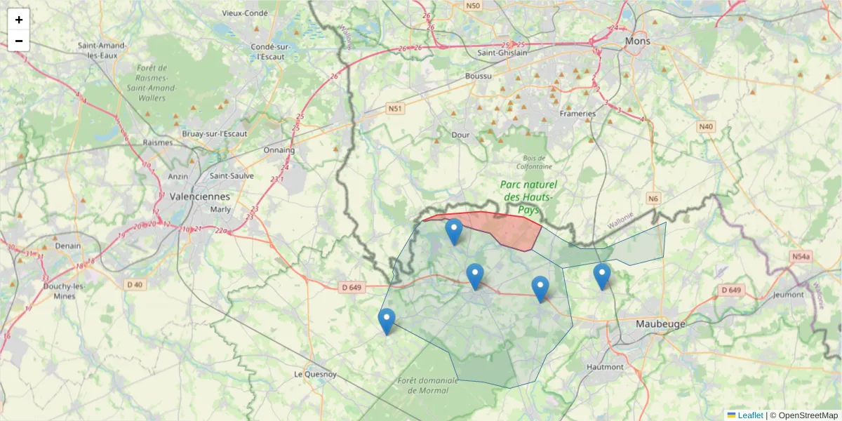 Carte de la zone du code postal  et des codes postaux voisins en France
