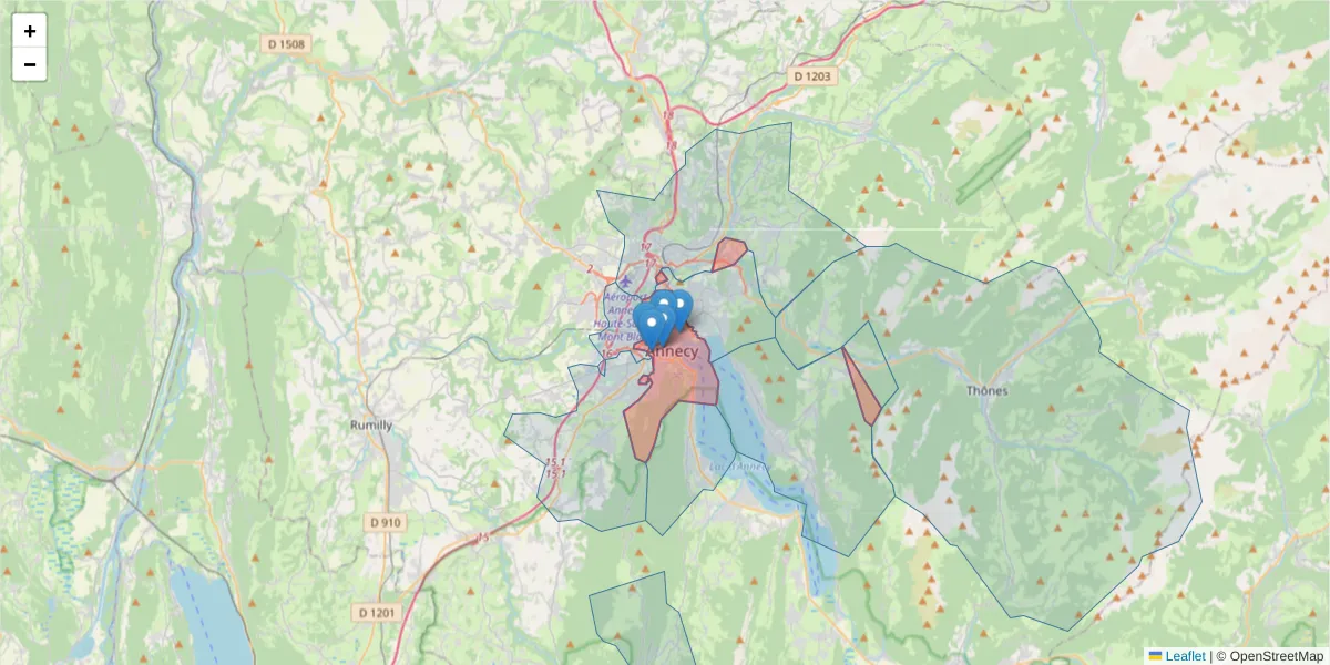 Carte de la zone du code postal  et des codes postaux voisins en France