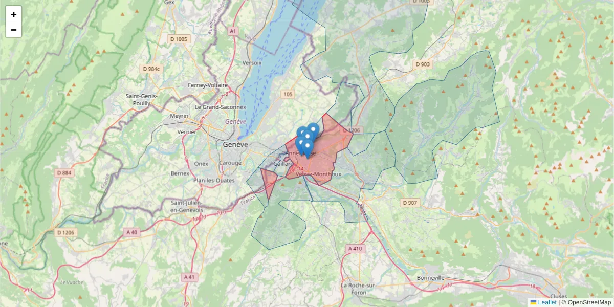 Carte de la zone du code postal  et des codes postaux voisins en France