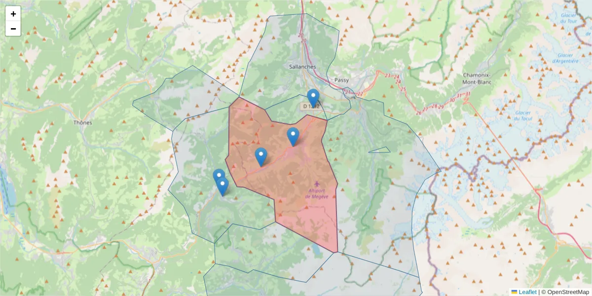 Carte de la zone du code postal  et des codes postaux voisins en France