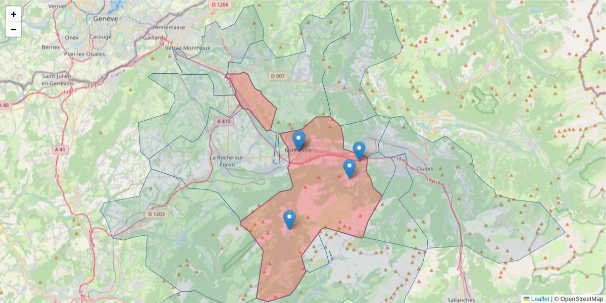 Carte de la zone du code postal  et des codes postaux voisins en France
