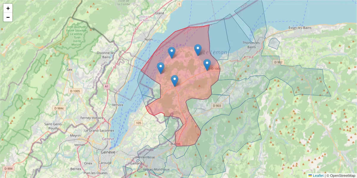 Carte de la zone du code postal  et des codes postaux voisins en France