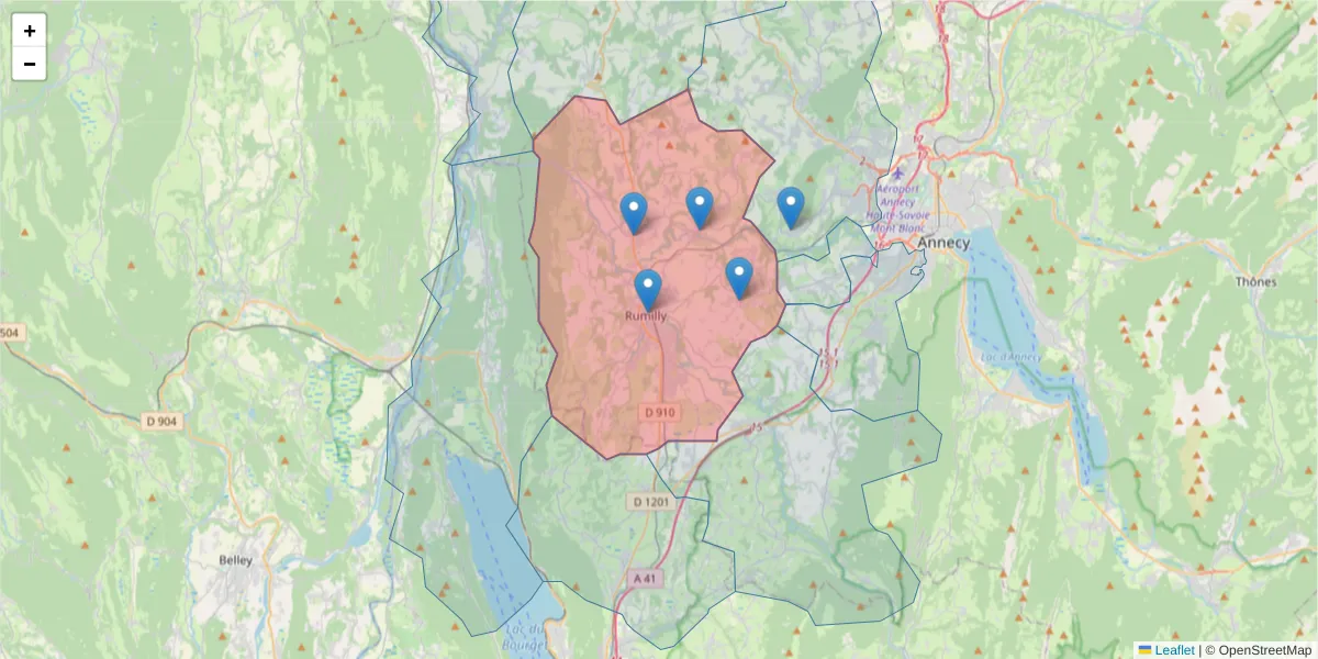 Carte de la zone du code postal  et des codes postaux voisins en France