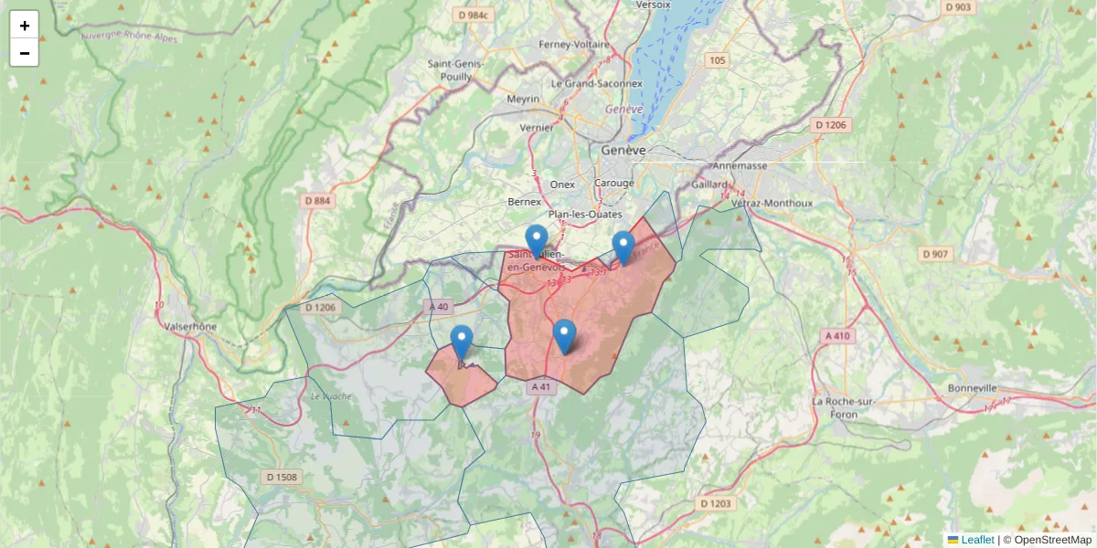 Carte de la zone du code postal  et des codes postaux voisins en France
