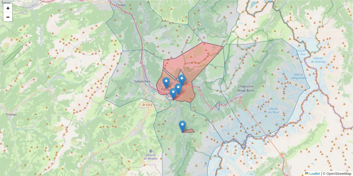 Carte de la zone du code postal  et des codes postaux voisins en France