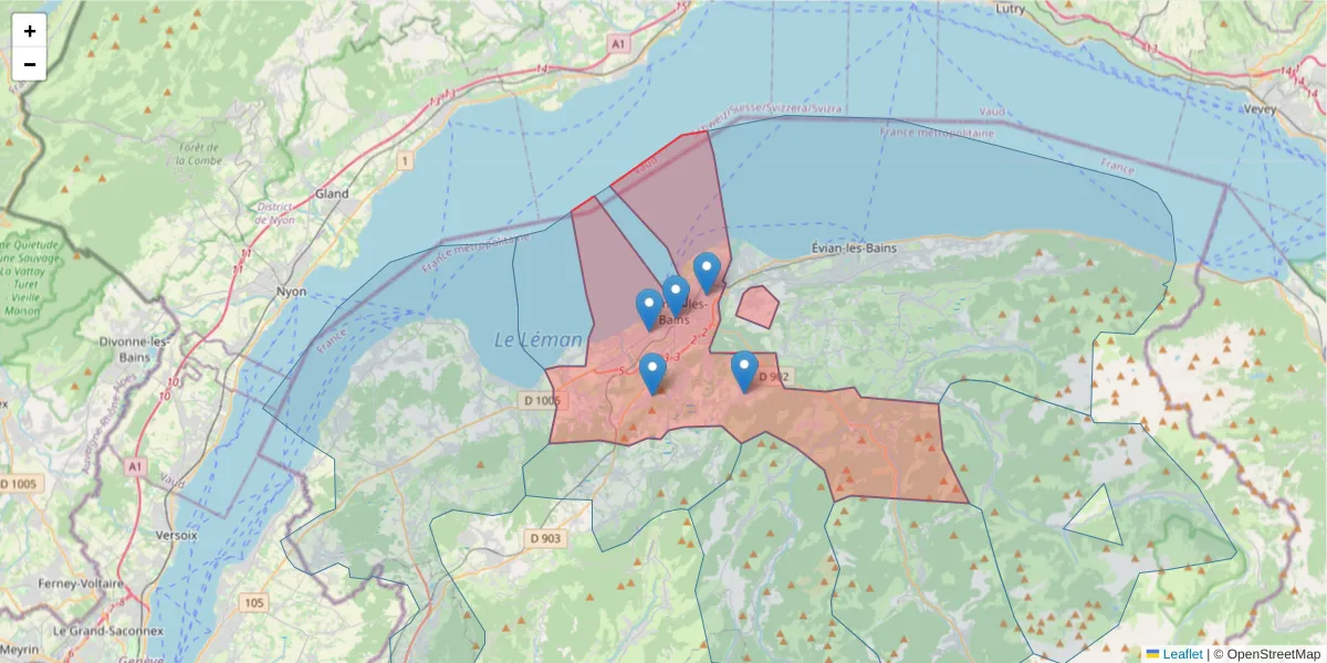 Carte de la zone du code postal  et des codes postaux voisins en France