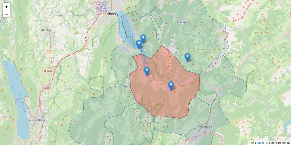Carte de la zone du code postal  et des codes postaux voisins en France