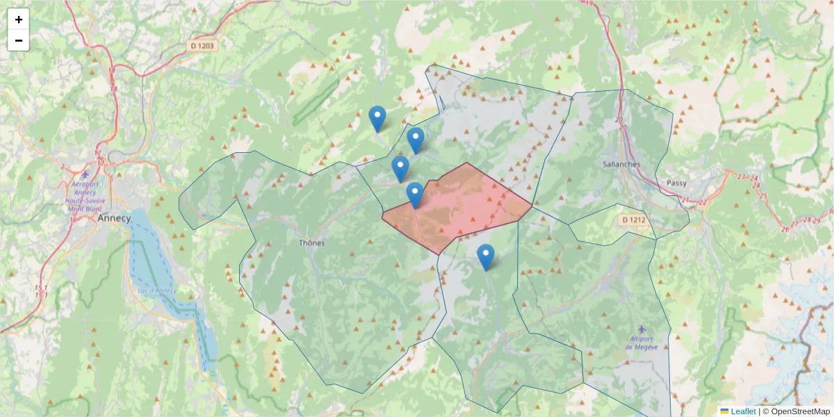Carte de la zone du code postal  et des codes postaux voisins en France