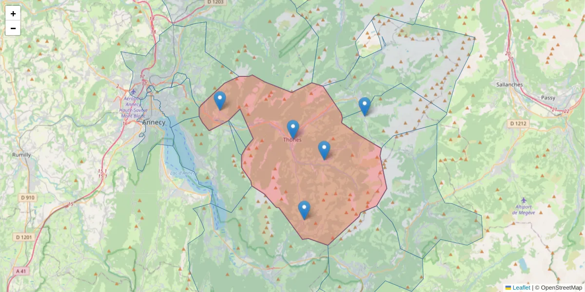 Carte de la zone du code postal  et des codes postaux voisins en France