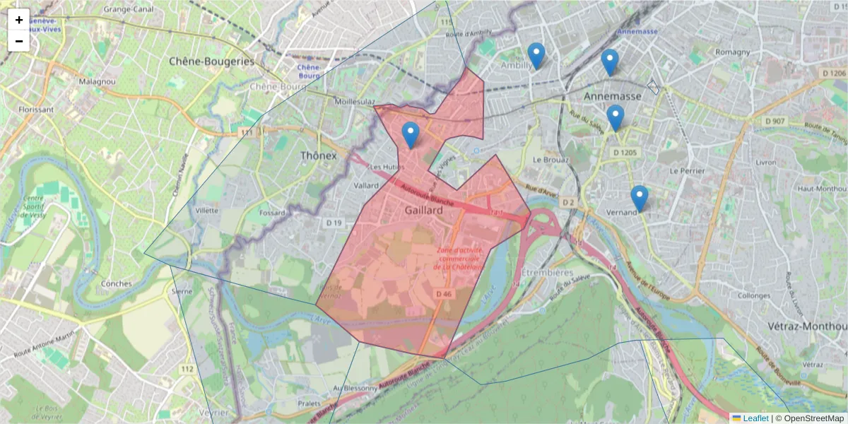 Carte de la zone du code postal  et des codes postaux voisins en France
