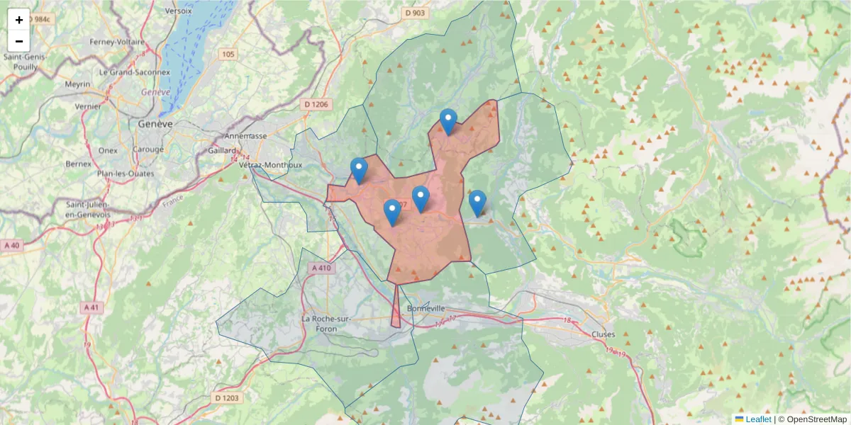 Carte de la zone du code postal  et des codes postaux voisins en France