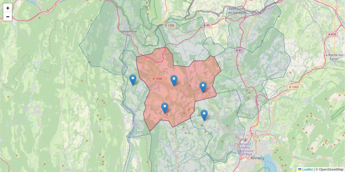 Carte de la zone du code postal  et des codes postaux voisins en France