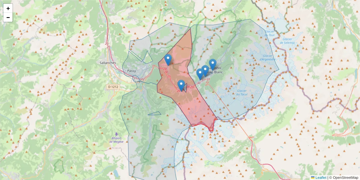 Carte de la zone du code postal  et des codes postaux voisins en France
