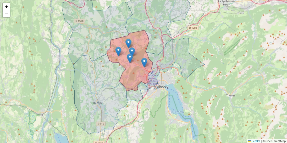 Carte de la zone du code postal  et des codes postaux voisins en France