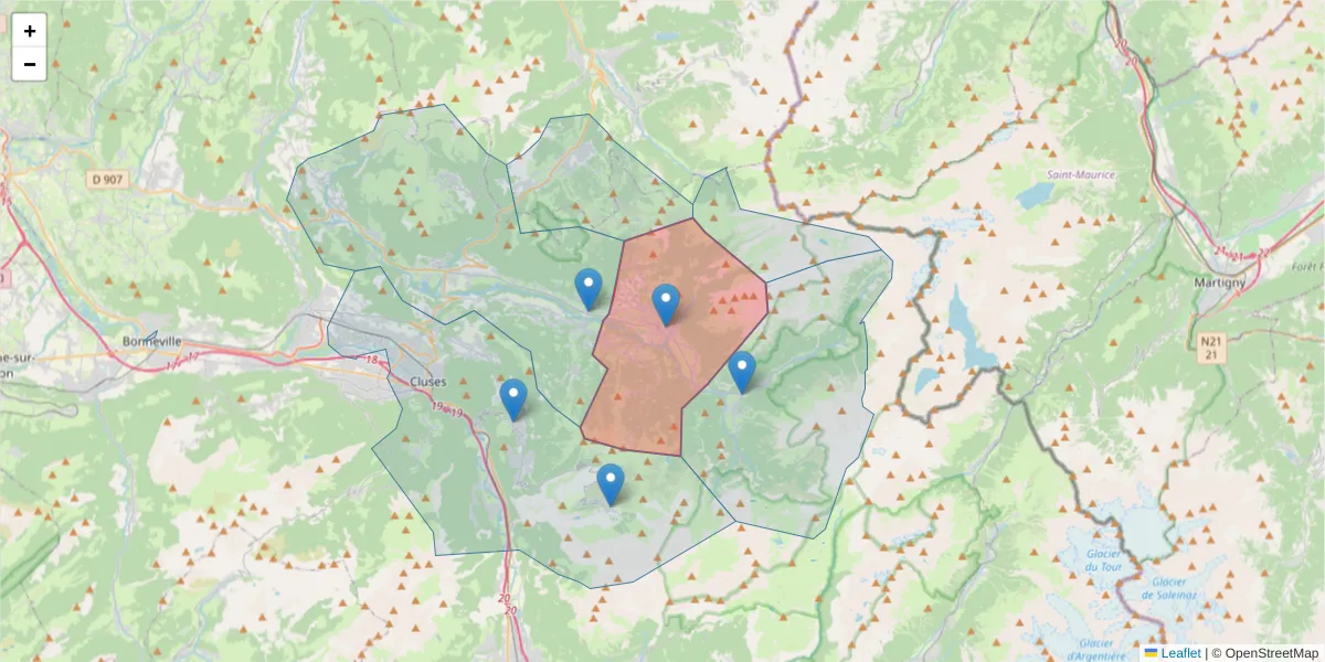 Carte de la zone du code postal  et des codes postaux voisins en France