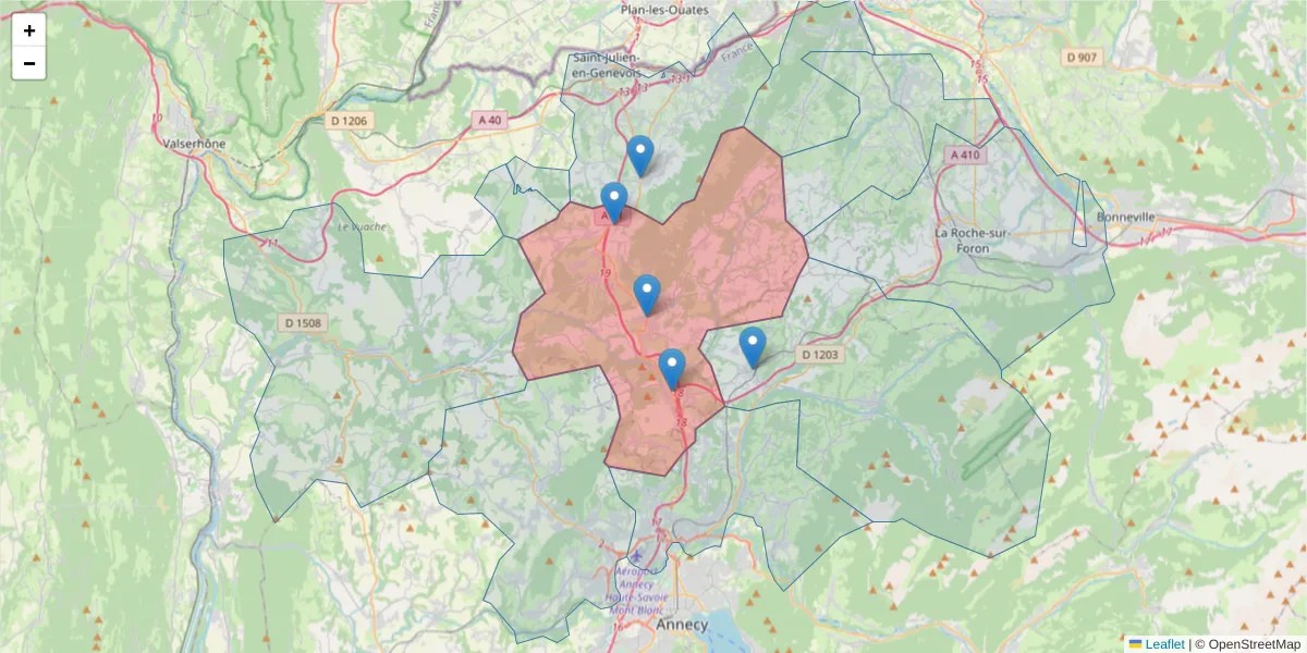 Carte de la zone du code postal  et des codes postaux voisins en France