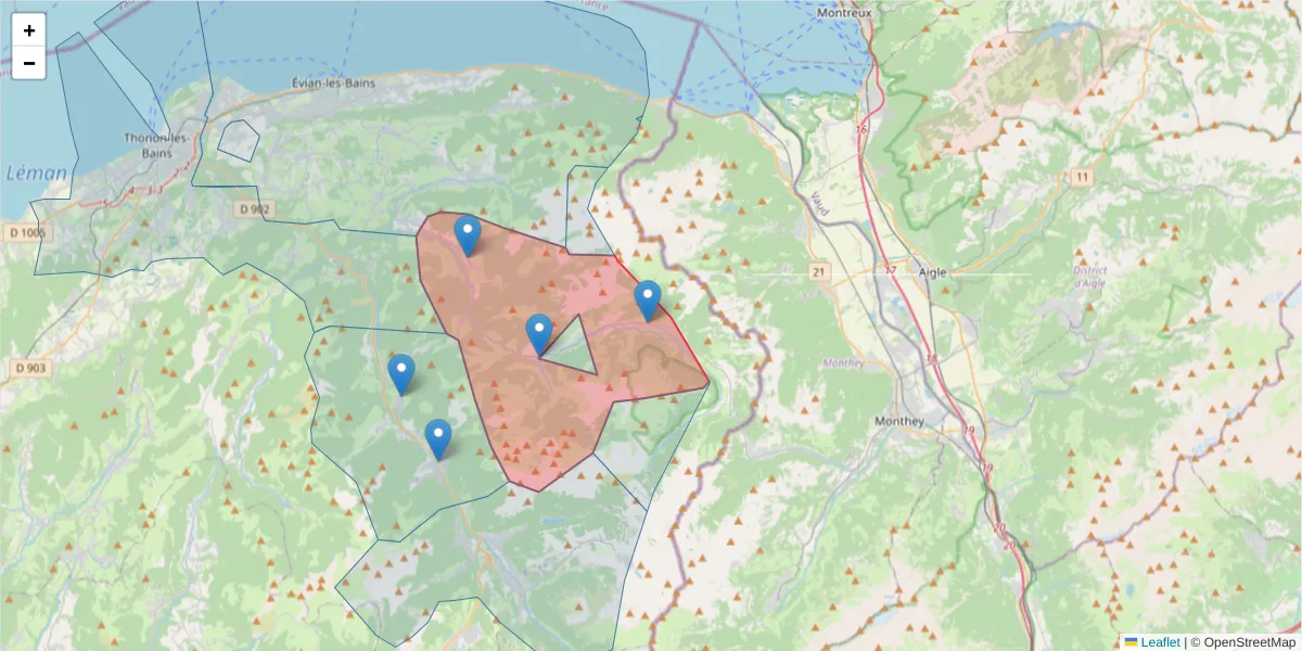 Carte de la zone du code postal  et des codes postaux voisins en France