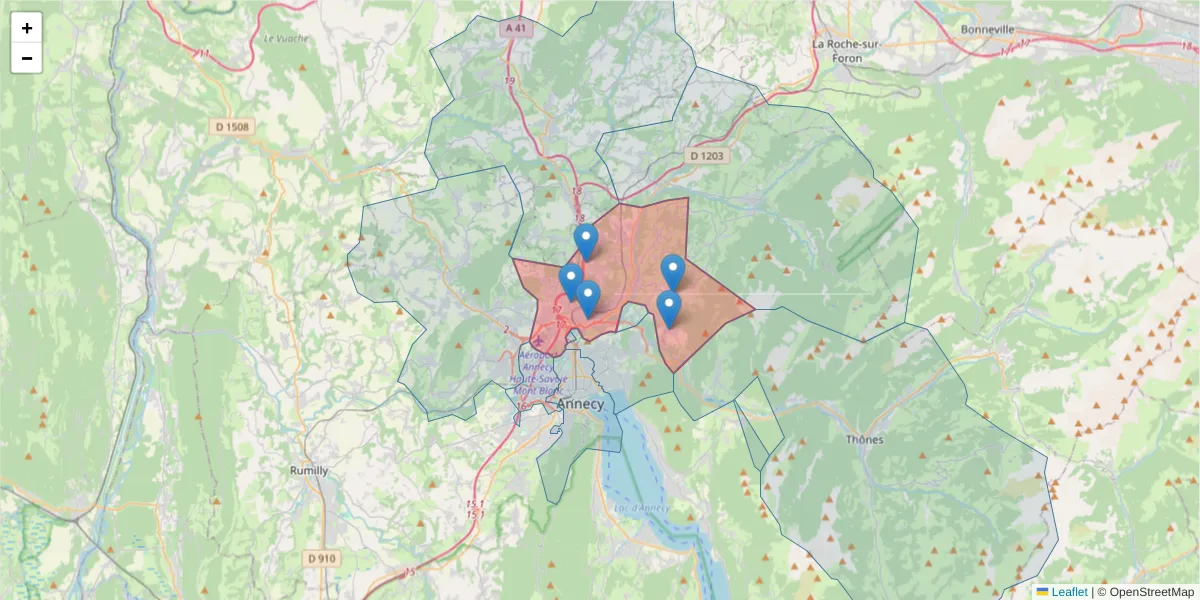 Carte de la zone du code postal  et des codes postaux voisins en France