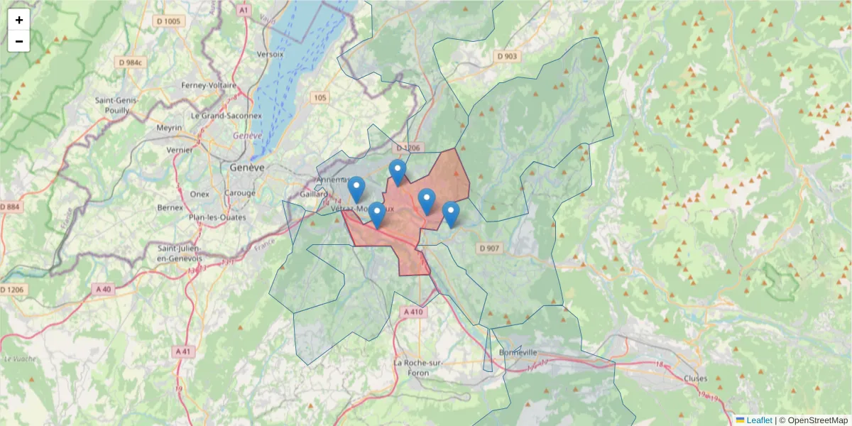 Carte de la zone du code postal  et des codes postaux voisins en France