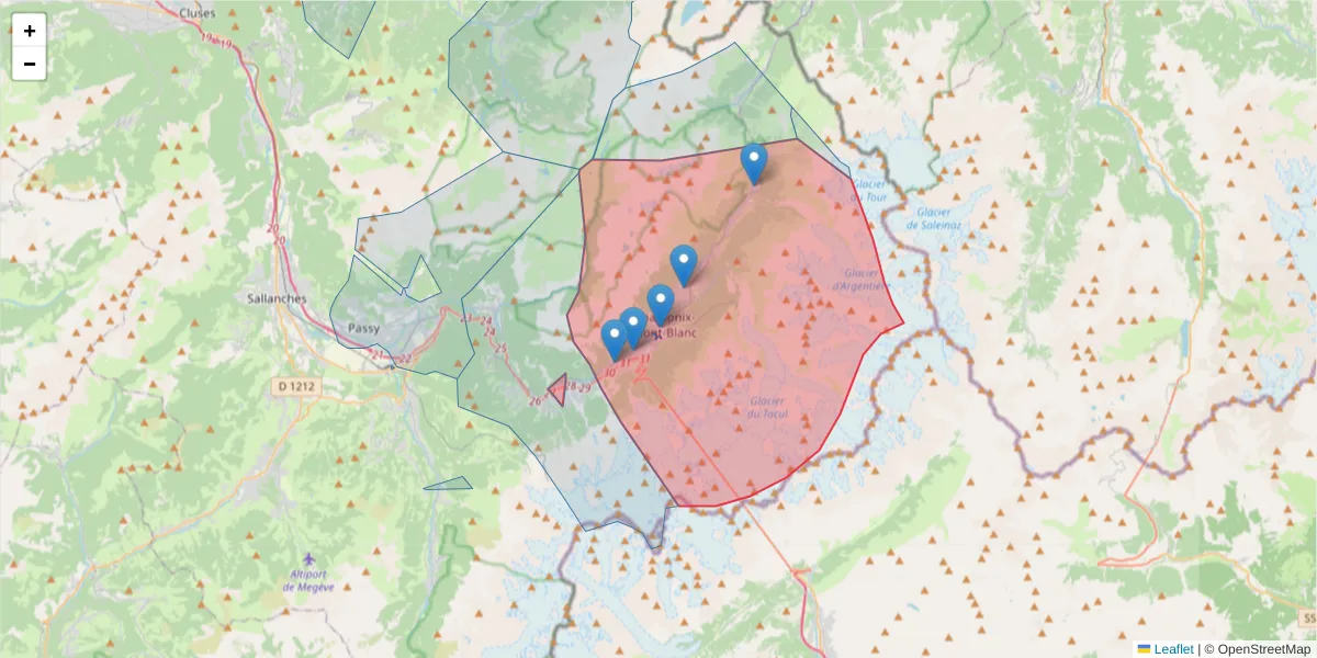 Carte de la zone du code postal  et des codes postaux voisins en France