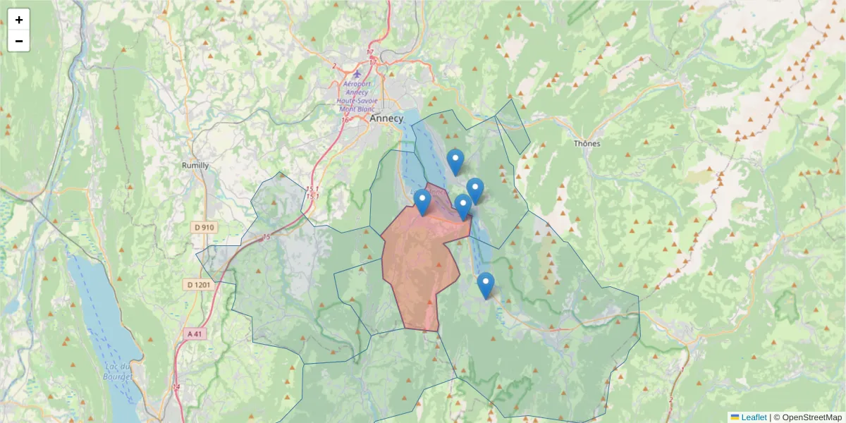 Carte de la zone du code postal  et des codes postaux voisins en France
