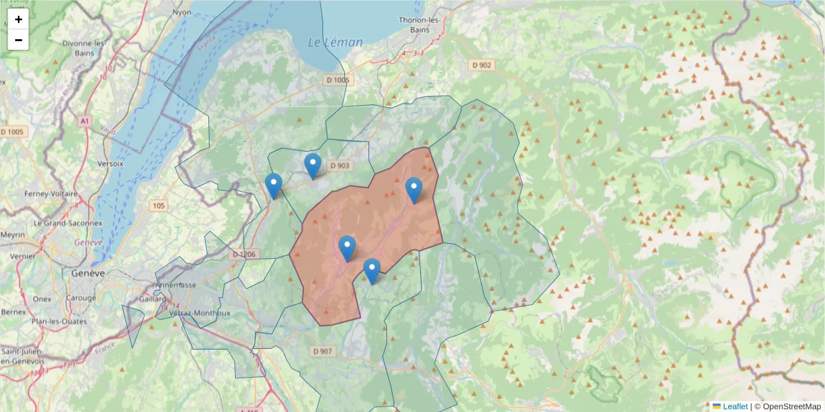 Carte de la zone du code postal  et des codes postaux voisins en France