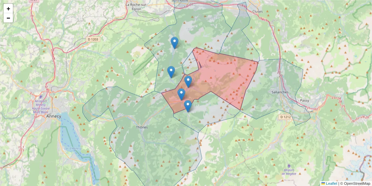 Carte de la zone du code postal  et des codes postaux voisins en France