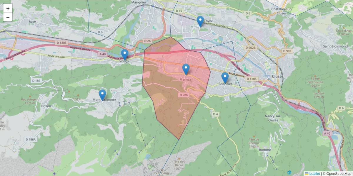 Carte de la zone du code postal  et des codes postaux voisins en France