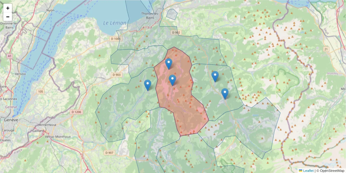 Carte de la zone du code postal  et des codes postaux voisins en France