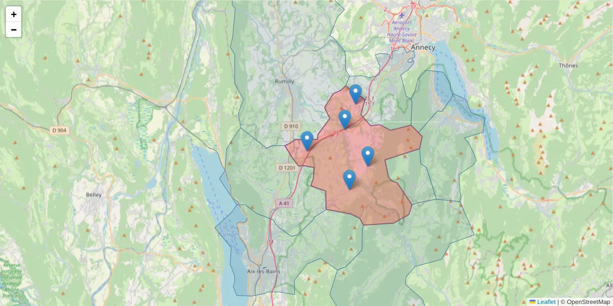 Carte de la zone du code postal  et des codes postaux voisins en France