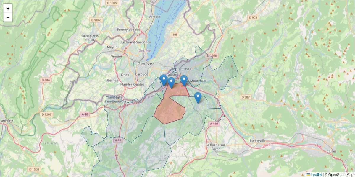 Carte de la zone du code postal  et des codes postaux voisins en France