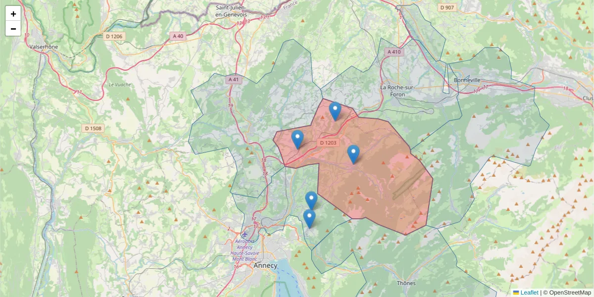 Carte de la zone du code postal  et des codes postaux voisins en France