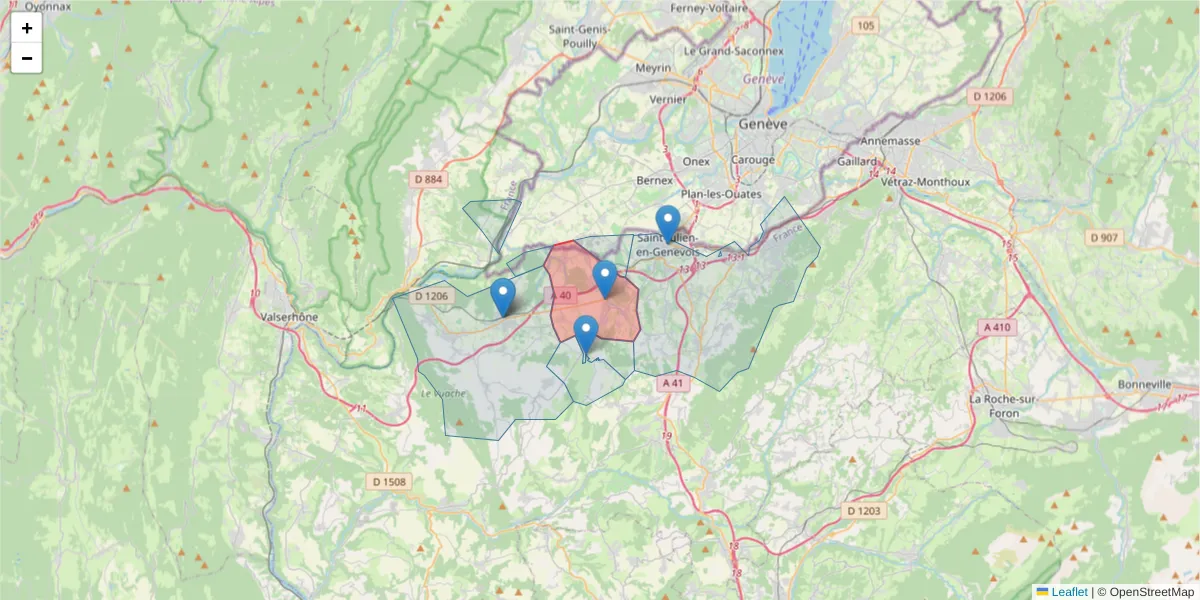 Carte de la zone du code postal  et des codes postaux voisins en France