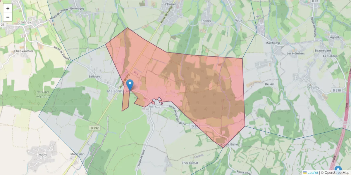 Carte de la zone du code postal  et des codes postaux voisins en France